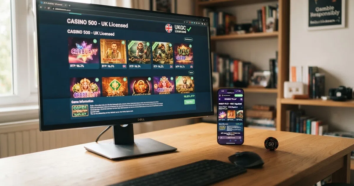 A desktop and mobile screen displaying UK online casino lobbies with RTP percentages visible beside slot thumbnails and a game-rules information panel open
