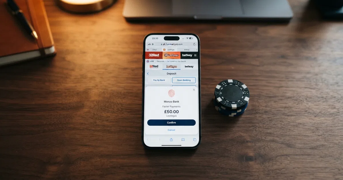 A smartphone screen showing a row of UK-licensed online casino cashier pages, each with the Pay by Bank or Open Banking deposit option highlighted and a bank app authentication screen overlaid