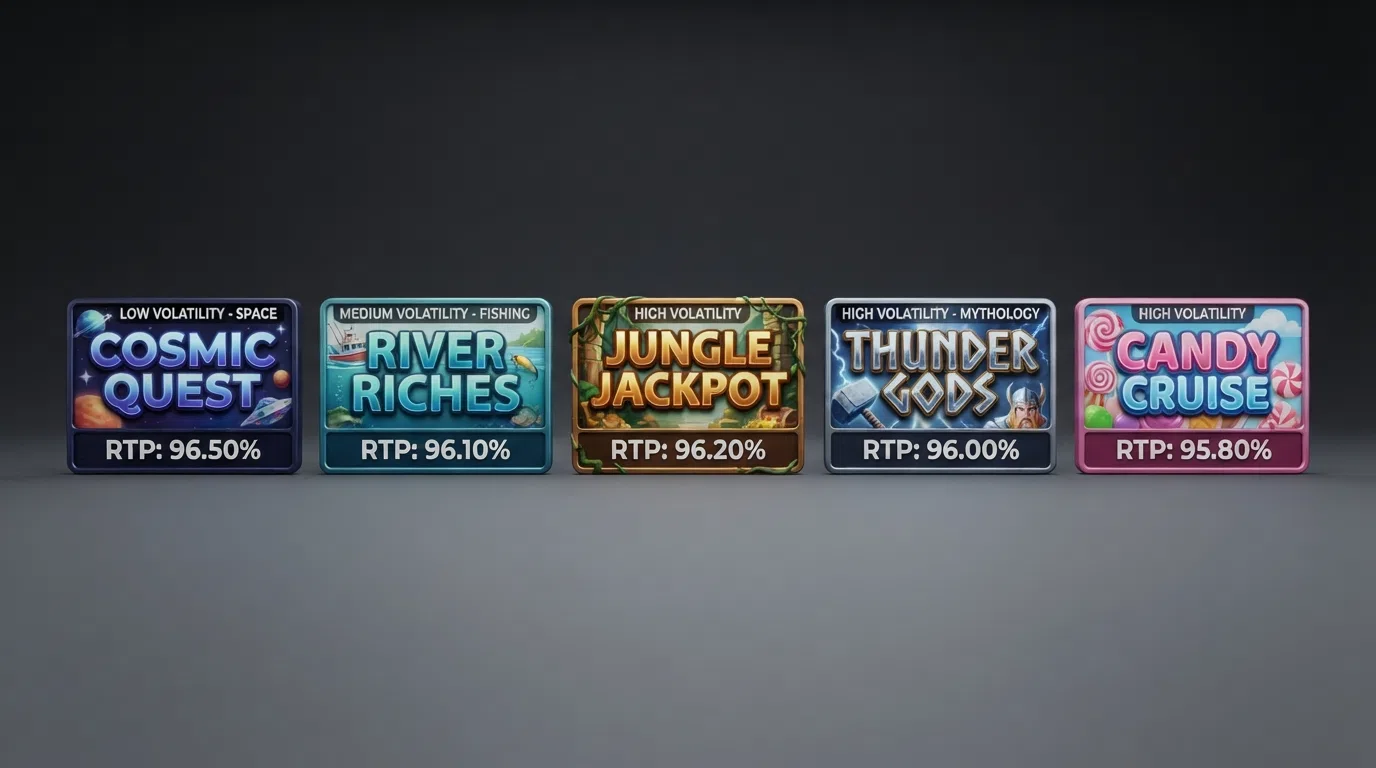 A grid of five slot-title cards featuring Starburst, Big Bass Bonanza, Book of Dead, Gates of Olympus and Sweet Bonanza, each showing its RTP percentage beneath the title