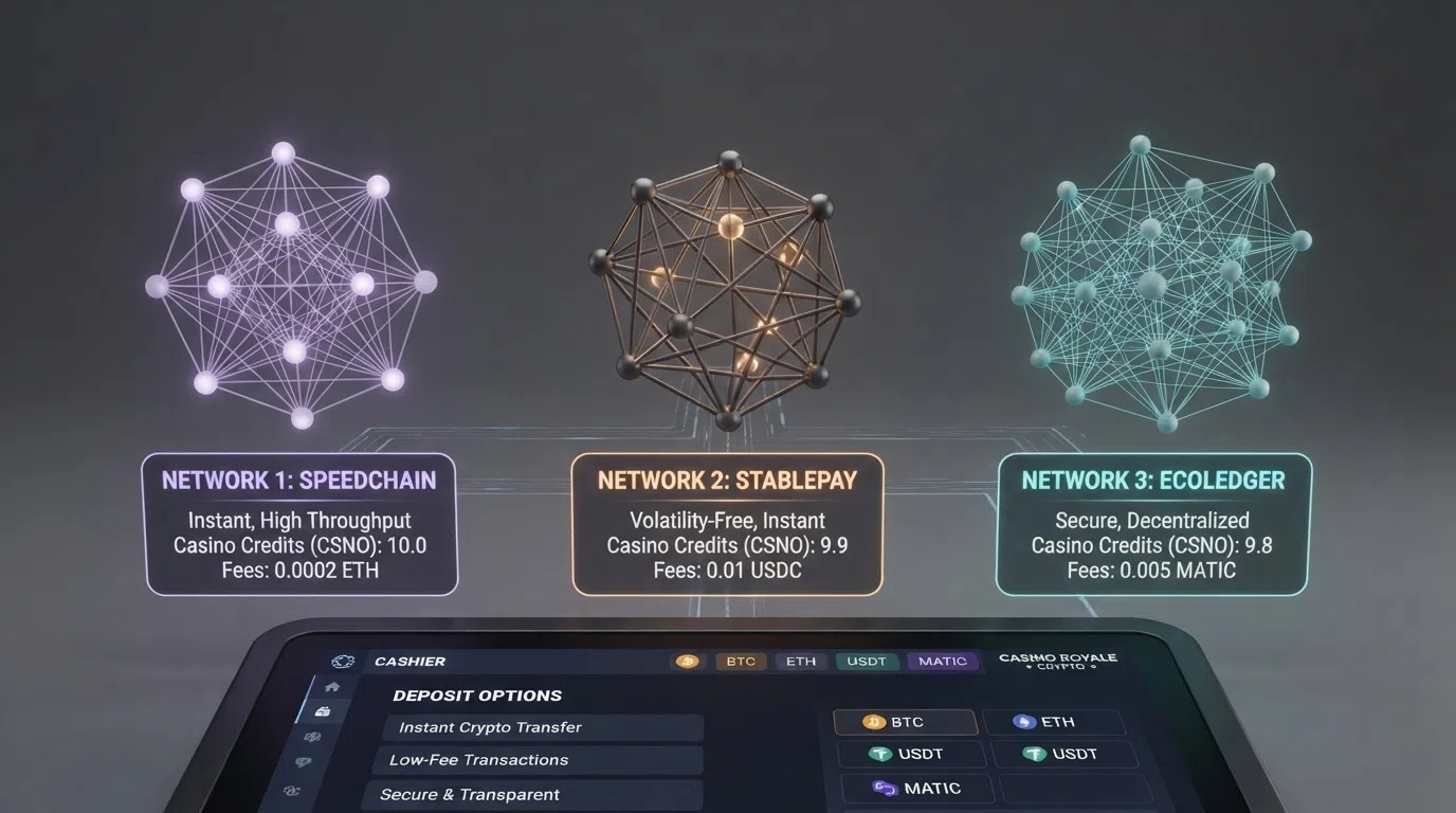 A comparison graphic showing three crypto payment rails side by side — TRON (3s blocks, <$0.01), Bitcoin (10+ min blocks, variable fees) and Ethereum (variable gas) — with a casino cashier interface in the foreground