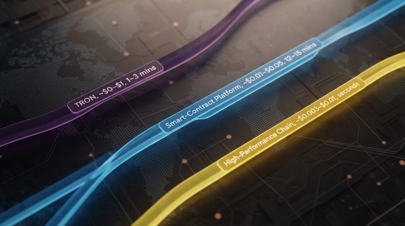 Three route lines labelled Tron, Ethereum and BSC, each showing a different fee and time figure.