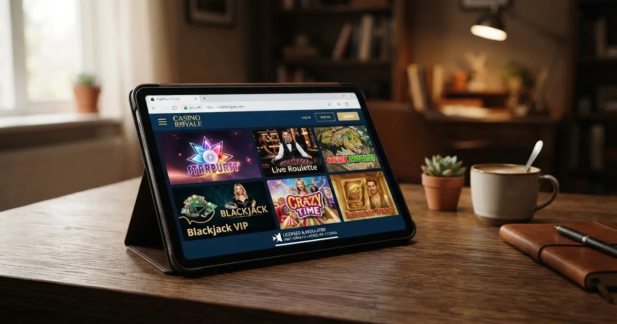 A secure online casino homepage showing a visible licence badge, padlock icon in the address bar, and a game lobby with provider logos including NetEnt and Evolution