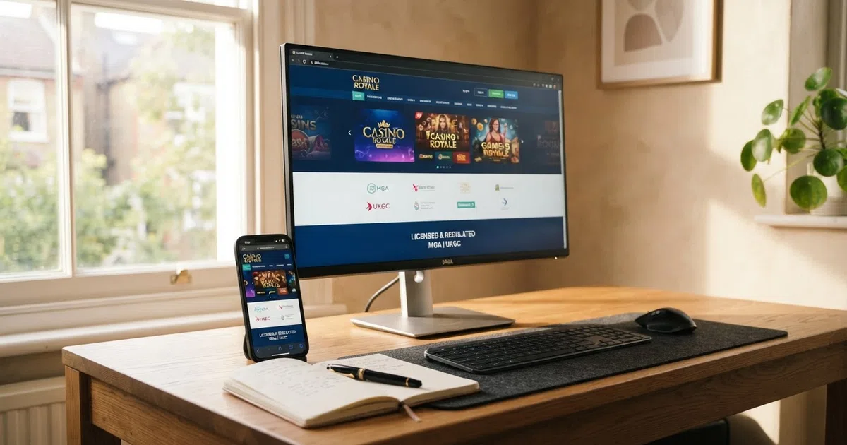 A desktop and mobile screen showing the UK Gambling Commission public register search page beside the homepage of a UKGC-licensed online casino, with the licence badge visible in the footer