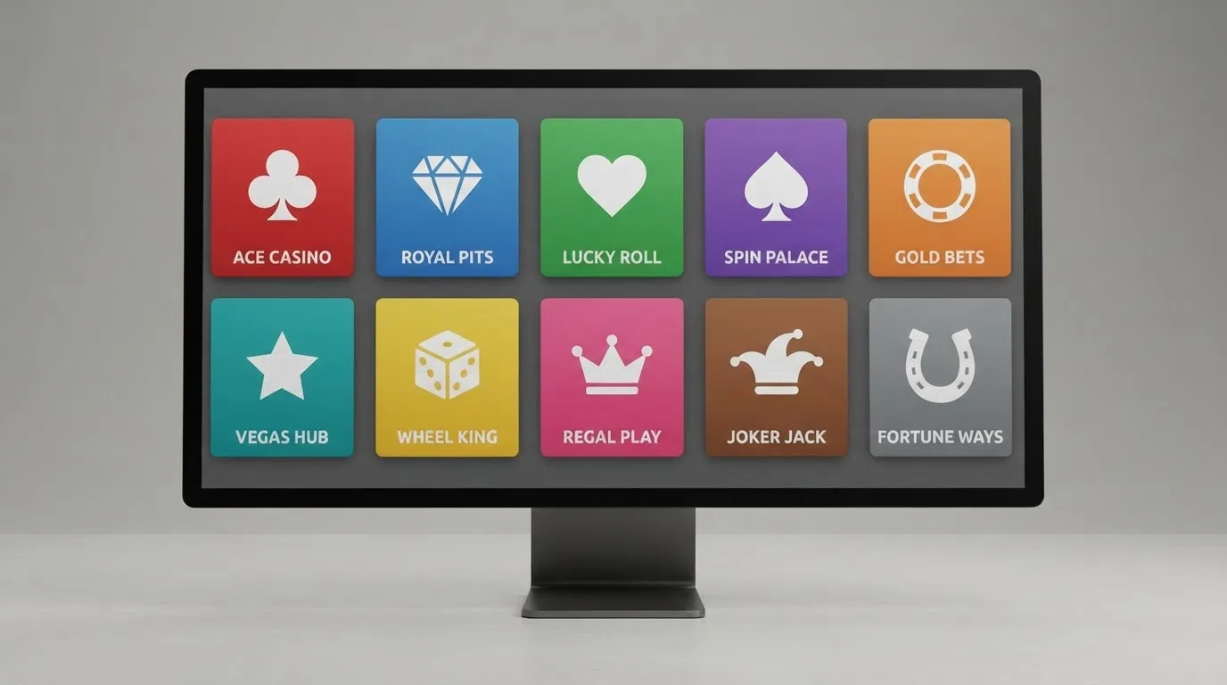 A desktop screen showing a side-by-side grid of UK-licensed online casino brands with their licence numbers and audit badges listed beneath each logo