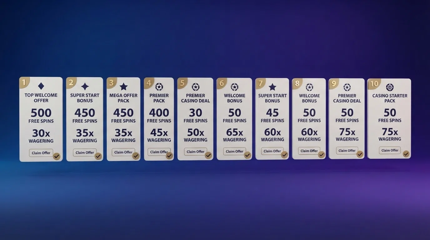 A side-by-side visual of ten casino-brand cards arranged in ranked order, each showing its welcome-offer headline, free-spin count and wagering multiple, with a UKGC licence checkmark on every card