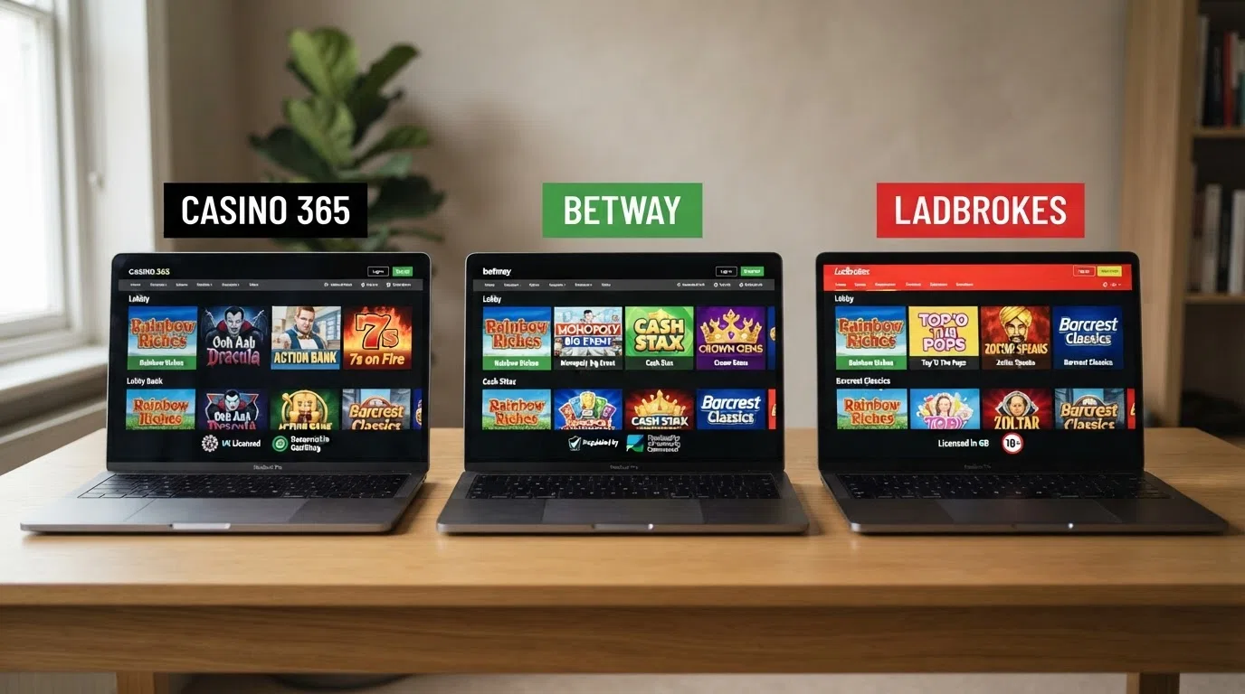A side-by-side view of three UK-licensed casino homepages with Barcrest slot thumbnails visible in each game lobby — the operator logos are shown above their respective slot grids.