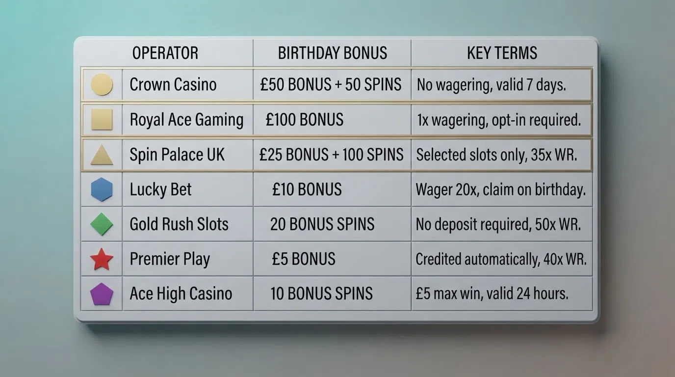 A comparison table of UK casino names with tick marks and bonus amounts in pounds