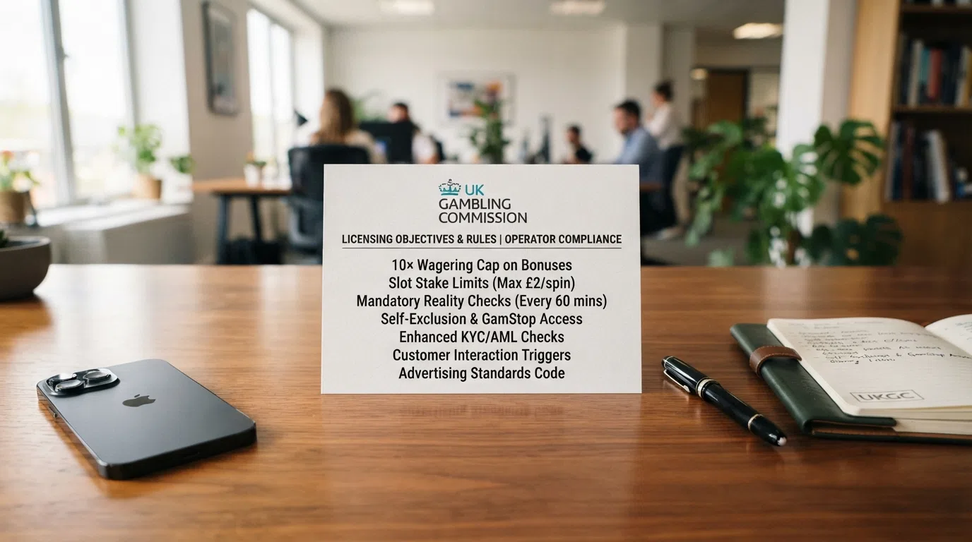 A UK Gambling Commission rule card listing a 10× wagering cap and slot stake limits
