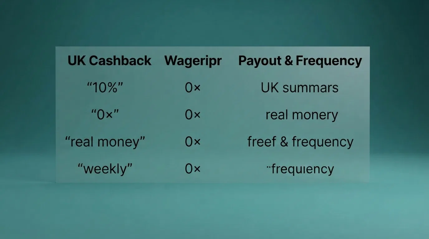A side-by-side comparison graphic of cashback casino offers showing percentage rates, wagering multipliers and payout types in a clean table layout