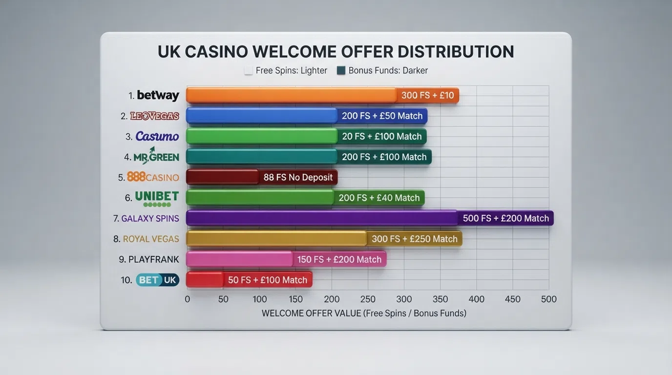 A comparison grid of ten casino welcome offers, each row with a licence badge, spin count and wagering figure