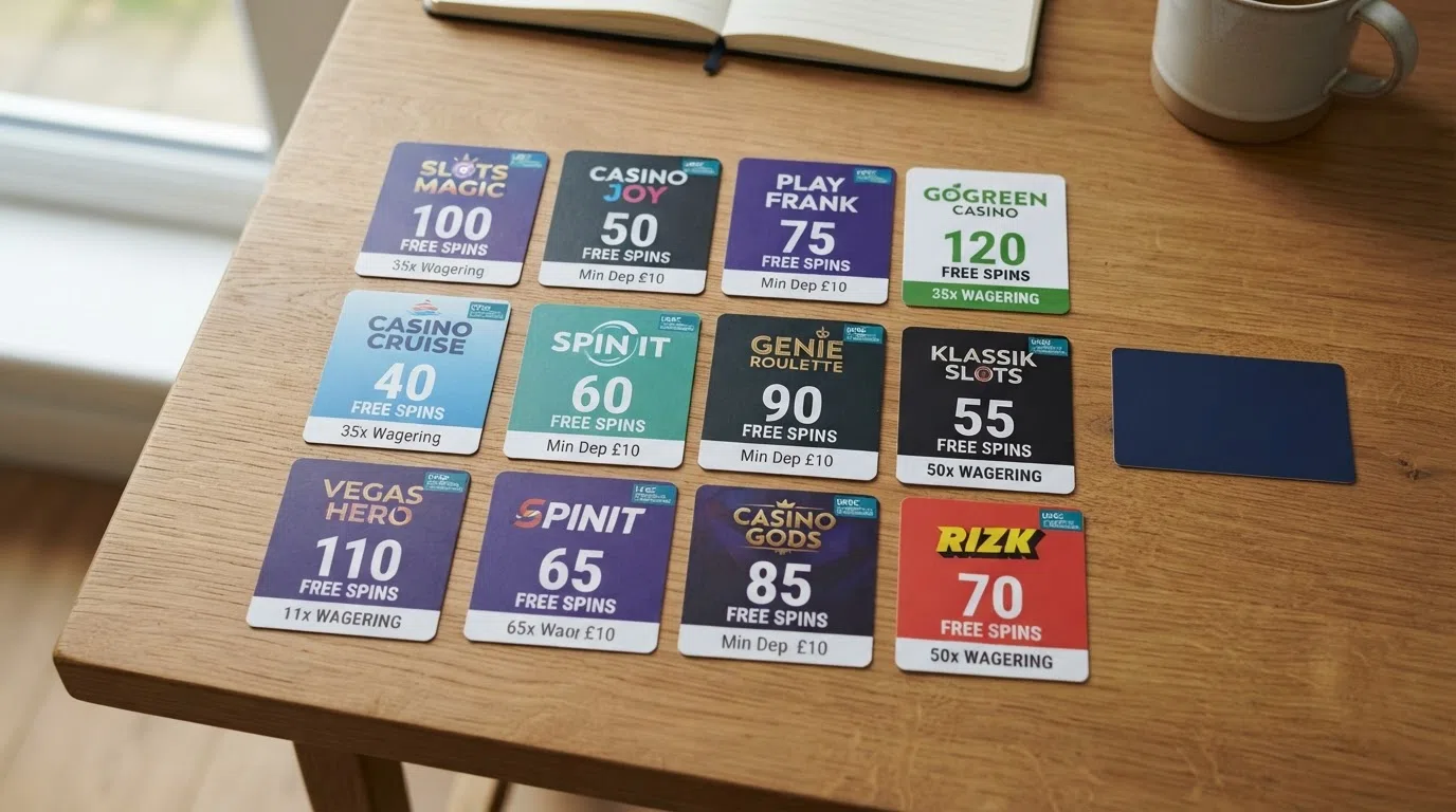 A clean grid layout of casino brand cards with licence badges, free-spin counts and wagering figures visible, shot top-down on a desk with a debit card placed beside the grid