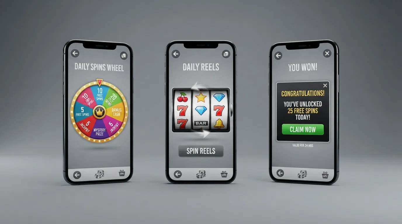 A side-by-side visual of three different UK casino daily-spins mechanics — a prize wheel, a reel spin and a pop-up claim — on three smartphone screens