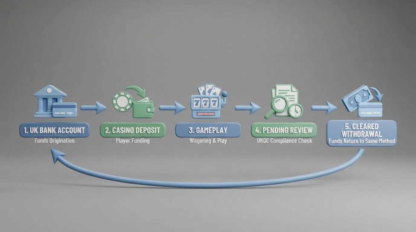 A simplified flow diagram showing money moving from a player's bank account through a casino deposit, gameplay, a pending-withdrawal review and a cleared withdrawal back to the same method