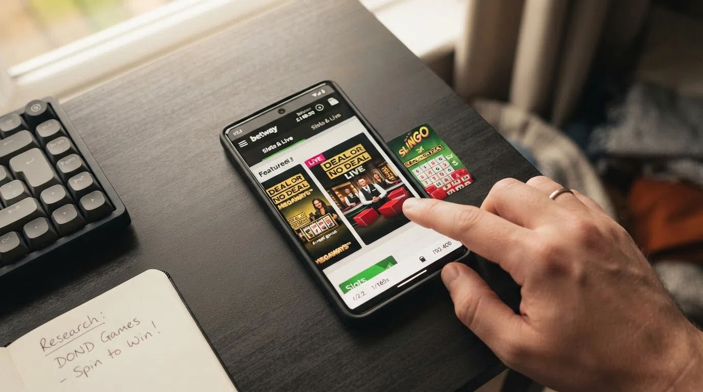 A smartphone screen showing a UK casino game lobby with Deal or No Deal Megaways, Deal or No Deal Live and Slingo Deal or No Deal among the featured titles