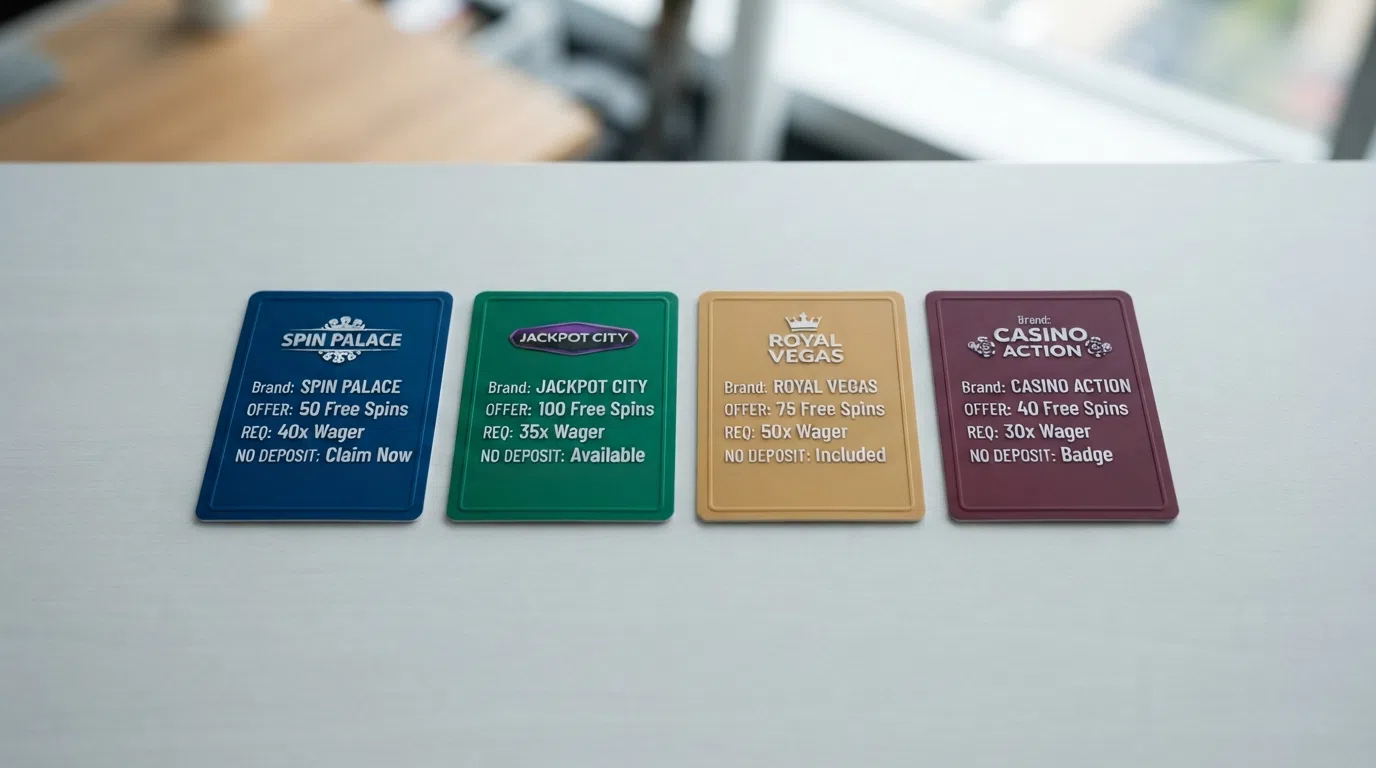 A grid layout displaying casino brand cards with their free-spin counts, wagering requirements, and no-deposit badges side by side