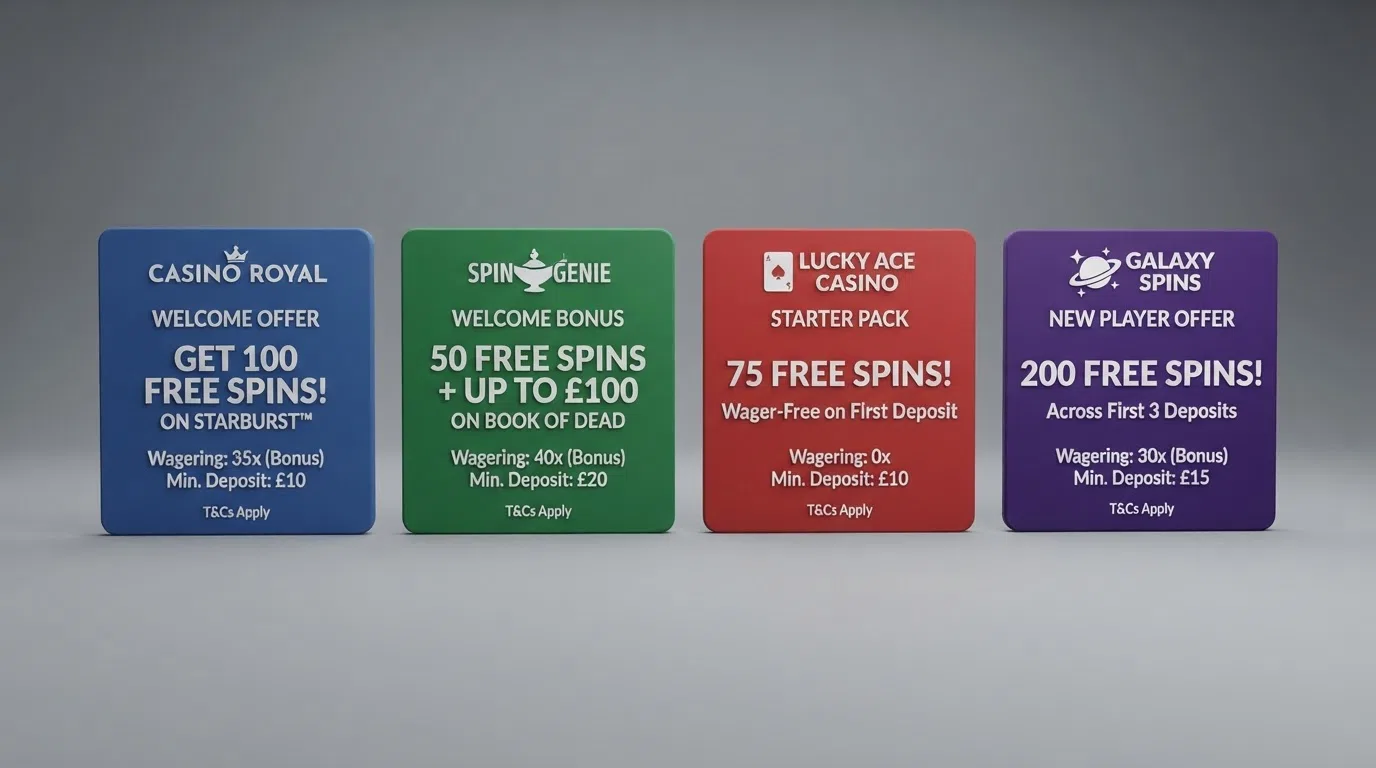 A side-by-side view of four UK casino welcome-offer summary cards showing free-spin counts, wagering terms and deposit requirements on screen