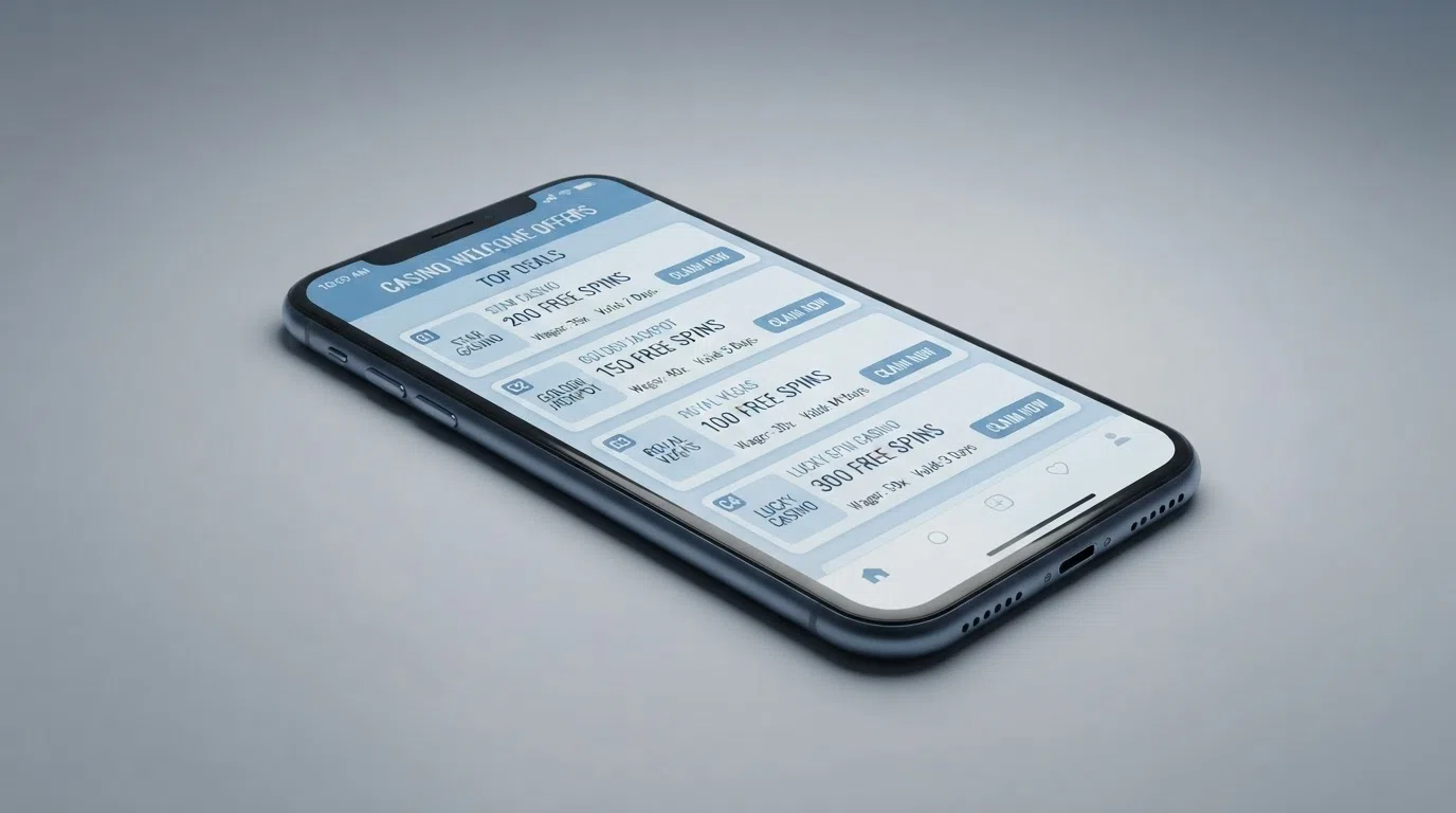 A smartphone screen showing a side-by-side list of casino welcome offers with their free-spin counts and wagering terms displayed in a clean comparison layout