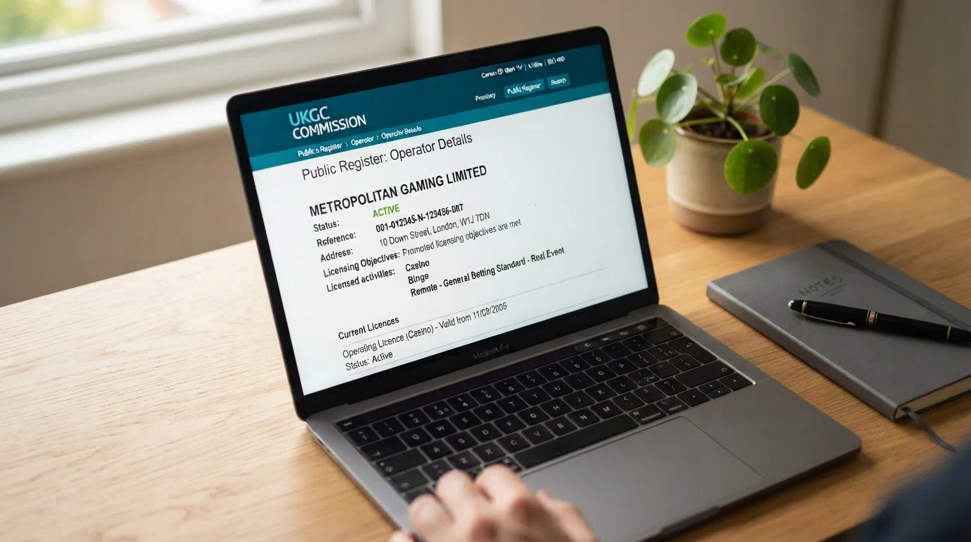 A laptop or phone screen displaying the UK Gambling Commission public register search page with a casino's licence details visible