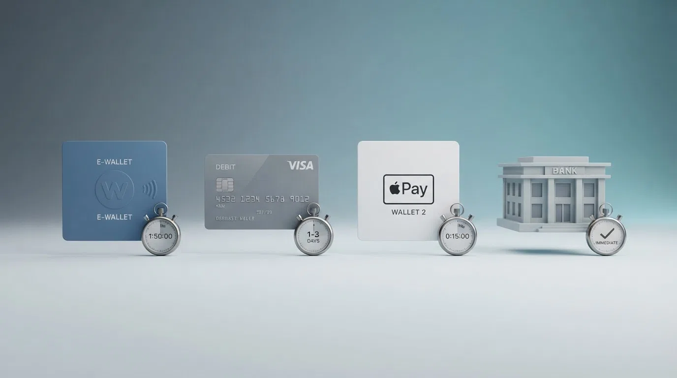 Four payment-method icons — PayPal, Visa, Skrill and a bank building — arranged horizontally with a stopwatch beside each showing a different time