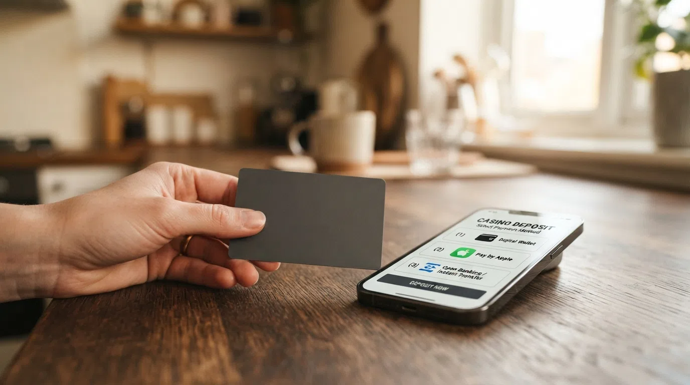 A hand holding a debit card beside a smartphone showing casino deposit options including PayPal, Apple Pay and Trustly logos