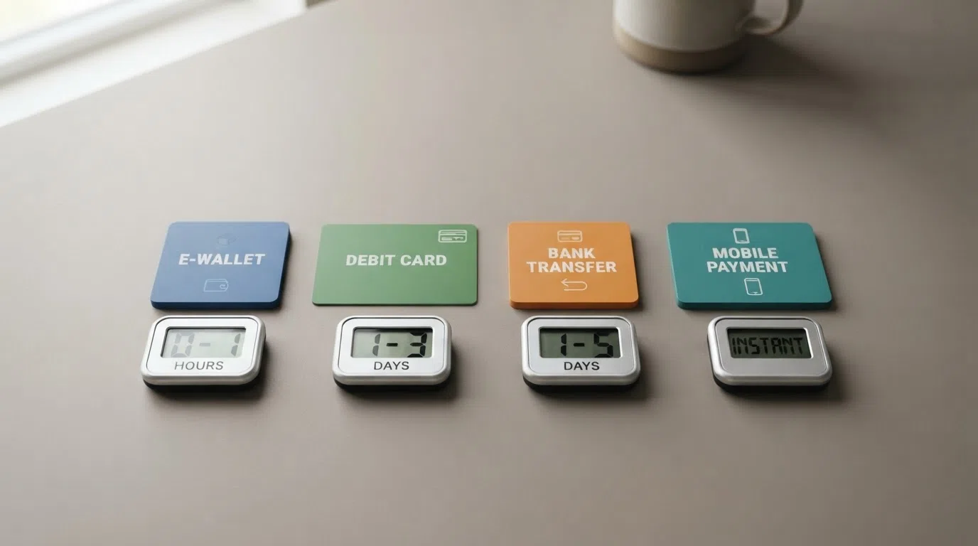 Four payment method icons — PayPal, Visa, bank transfer and Apple Pay — arranged left to right with a stopwatch showing their typical UK processing times beneath each one