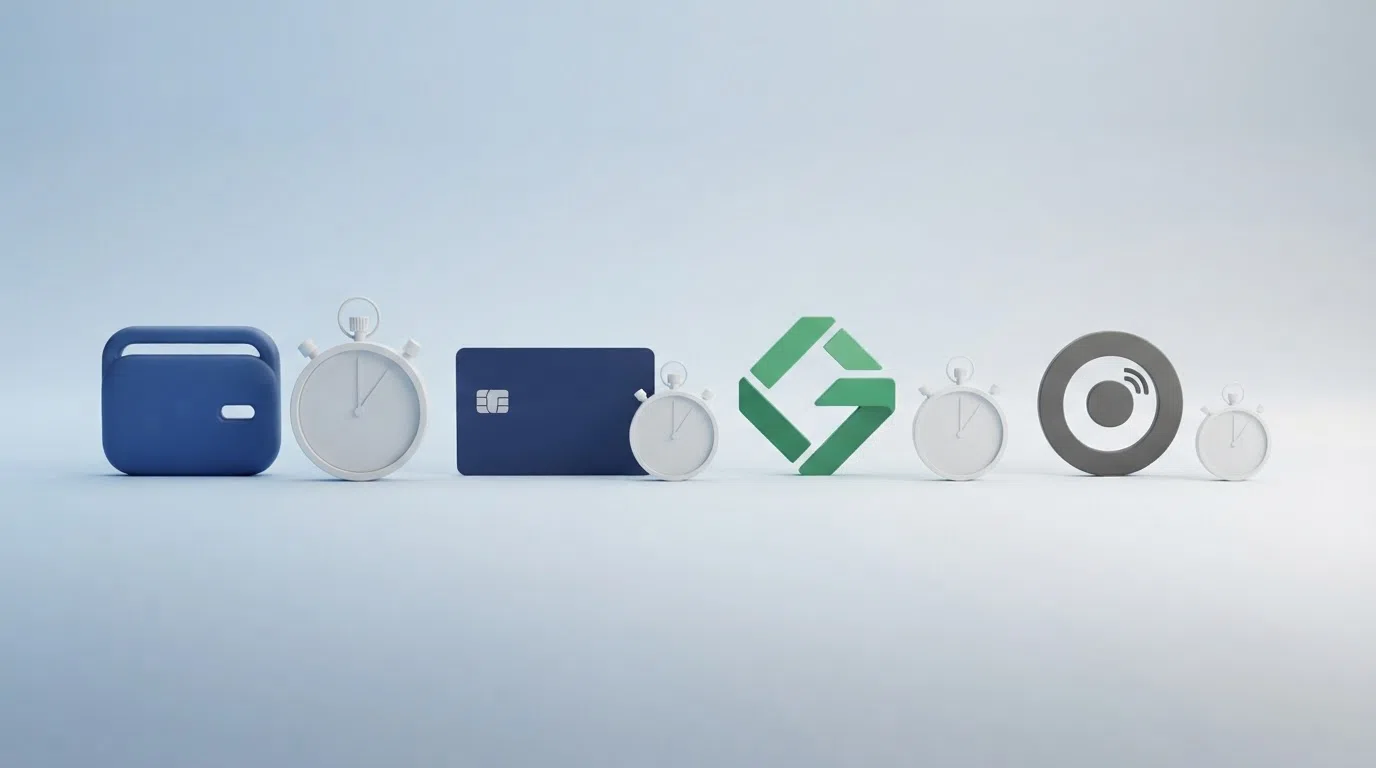 Four payment logos — PayPal, Visa, Trustly and Apple Pay — arranged left to right as a speed ranking, with a stopwatch beside each one.