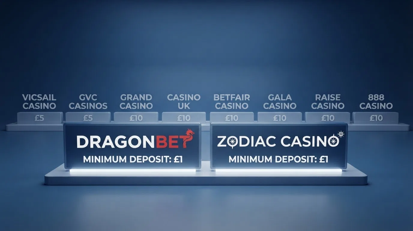 A side-by-side visual of the featured casino logos arranged by minimum deposit, with the two genuine £1 acceptors highlighted