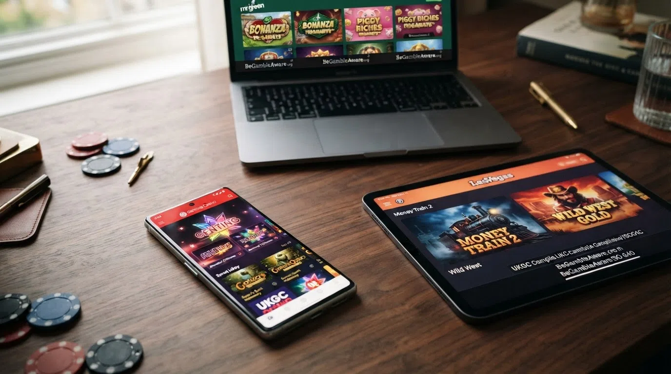 A grid of UK-licensed casino slot lobbies showing high-volatility titles from Pragmatic Play, Hacksaw Gaming and Big Time Gaming