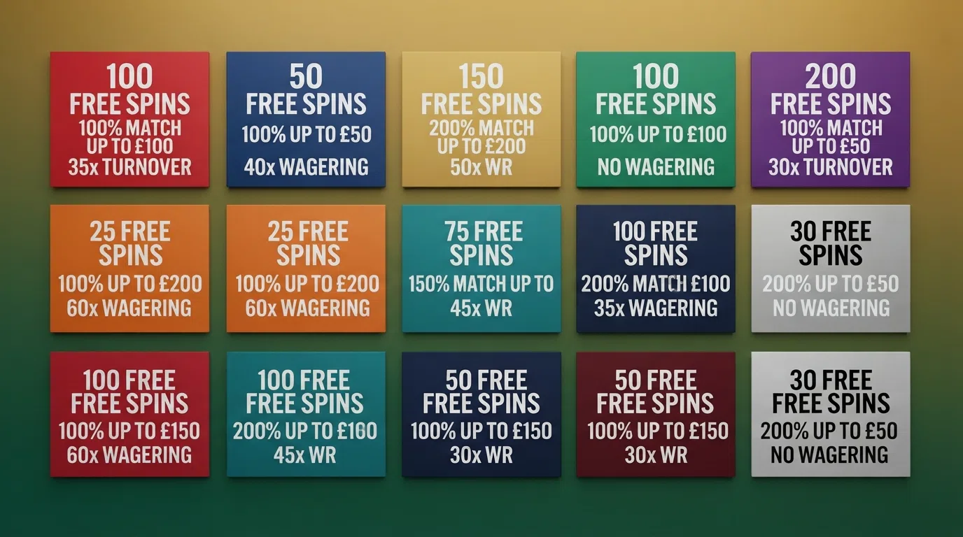 A grid of UK casino welcome-offer banners showing free-spin counts, match percentages and wagering-requirement labels side by side
