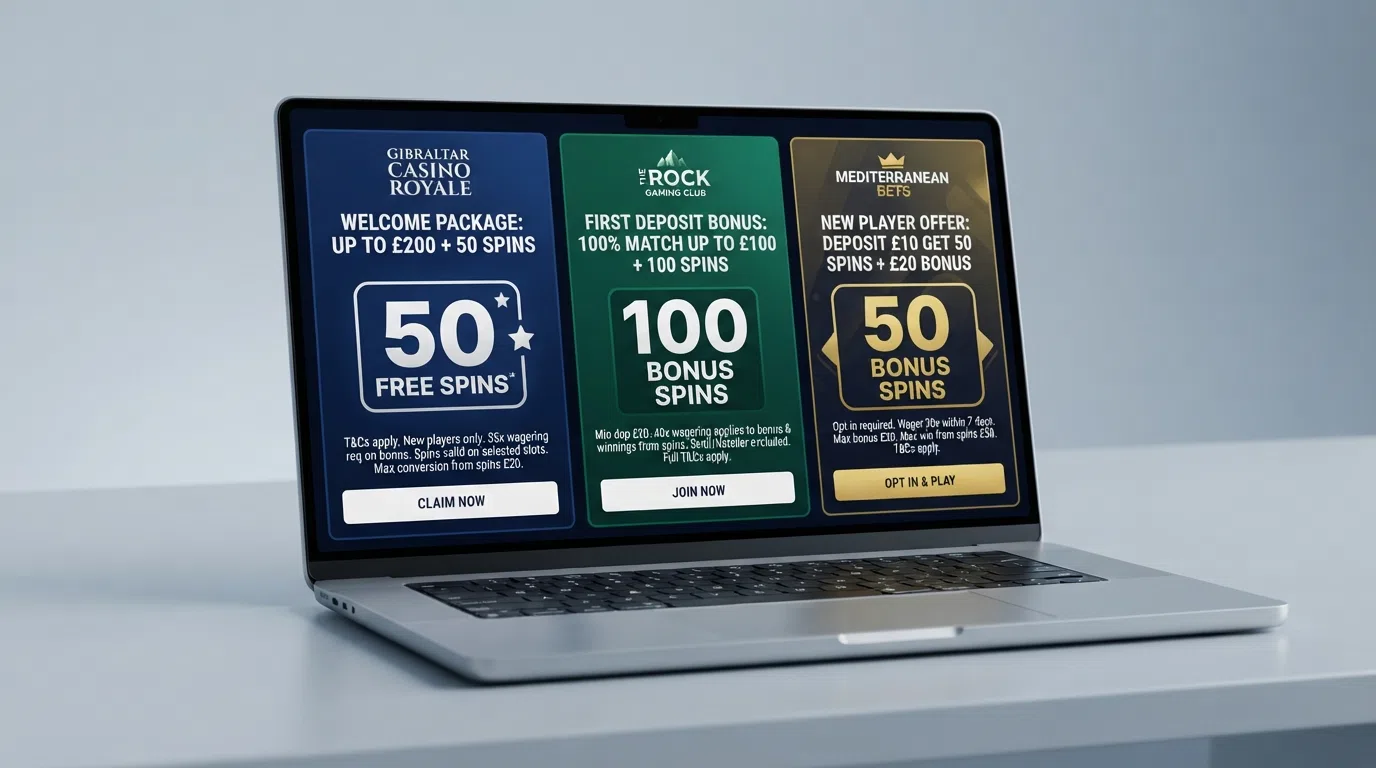 A laptop screen showing side-by-side casino welcome-offer cards with free-spin counts and wagering terms highlighted