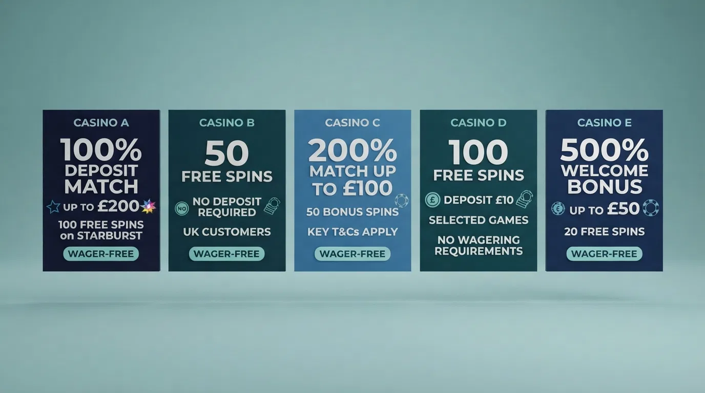 A side-by-side comparison of UK casino welcome-offer banners — free-spin counts, wager-free badges, and deposit-match percentages — arranged as a visual ranking