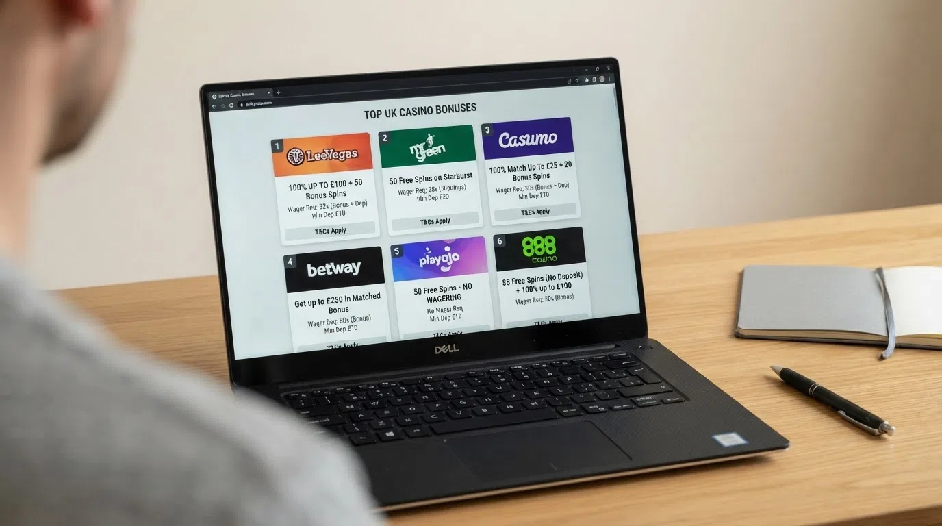 A grid of UK casino welcome-offer cards showing free-spins counts, deposit-match percentages and wagering requirements side by side