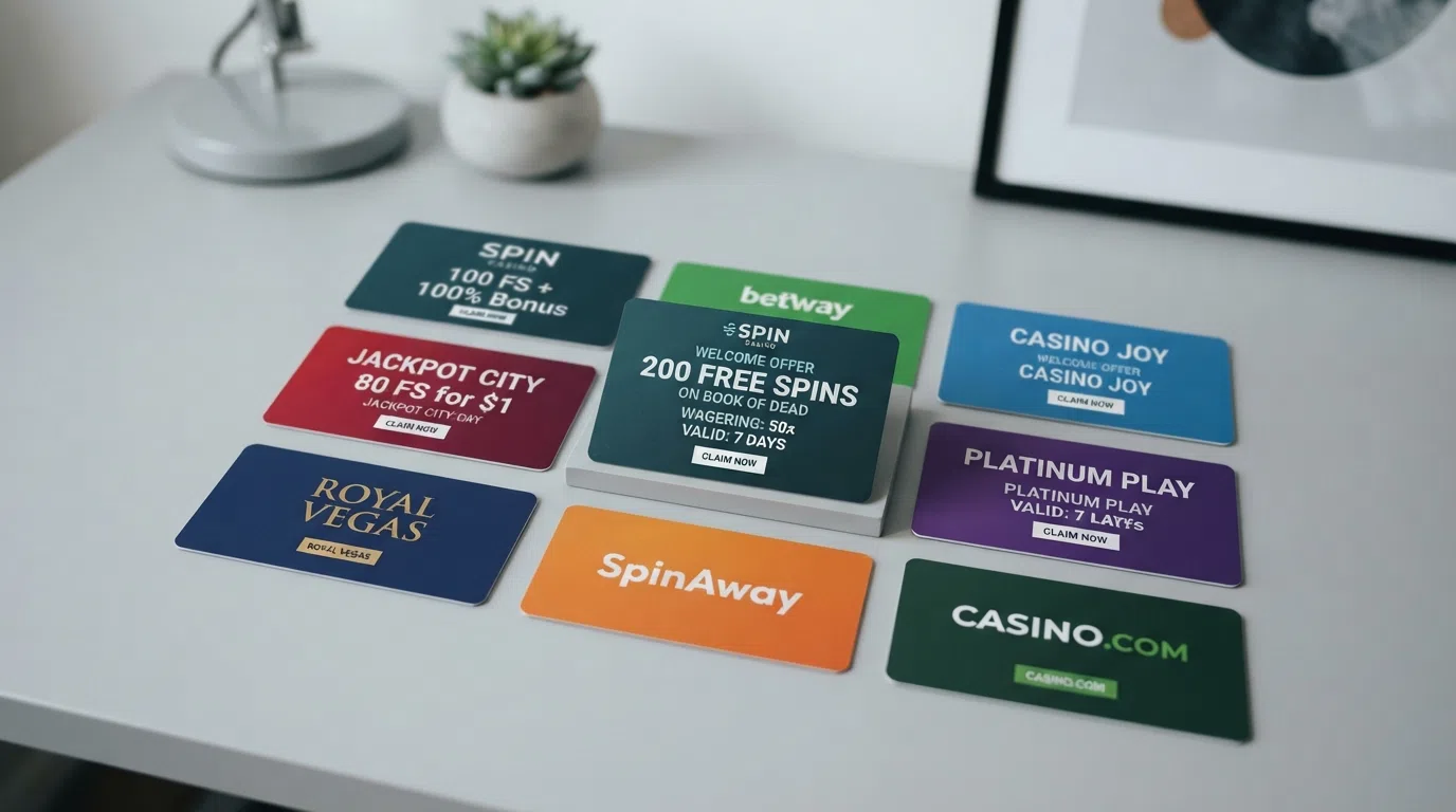 A side-by-side grid of UK casino welcome-offer cards showing the operator logo, spin count and wagering label for several featured brands, with one card highlighted to show the detail a player should read.