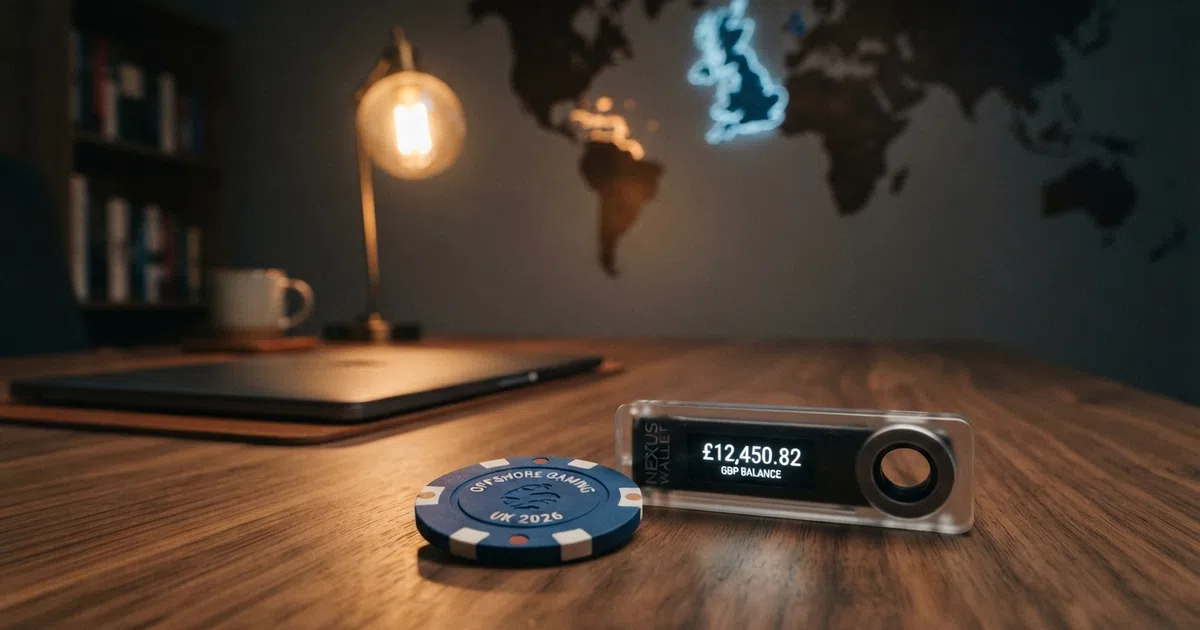 A split illustration: on the left, a glowing padlock and shield labelled UKGC with a red line crossing through a Bitcoin symbol; on the right, a globe icon with crypto coins orbiting it, labelled offshore licence