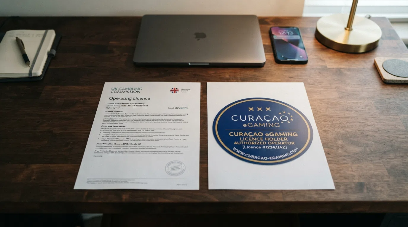 A UK Gambling Commission document beside a Curaçao licence badge
