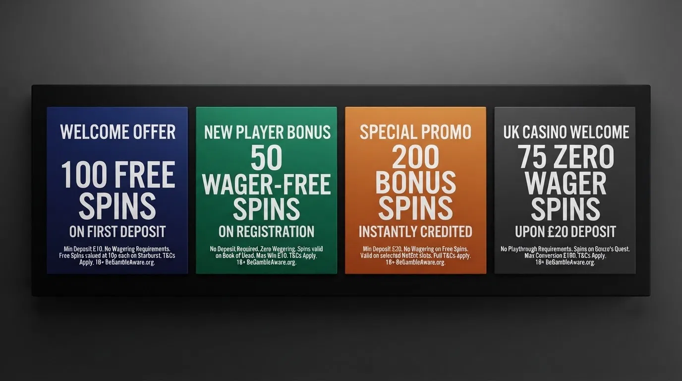 A comparison view of UK online casino welcome-offer banners showing free-spin counts and wagering terms side by side