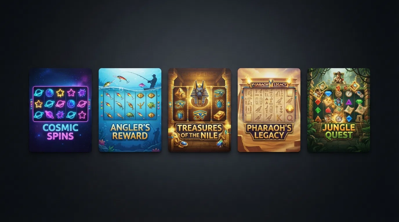 A grid of five slot-game title cards — Starburst, Big Bass Bonanza, Book of Dead, Eye of Horus and Gonzo's Quest — arranged on a dark casino-style background