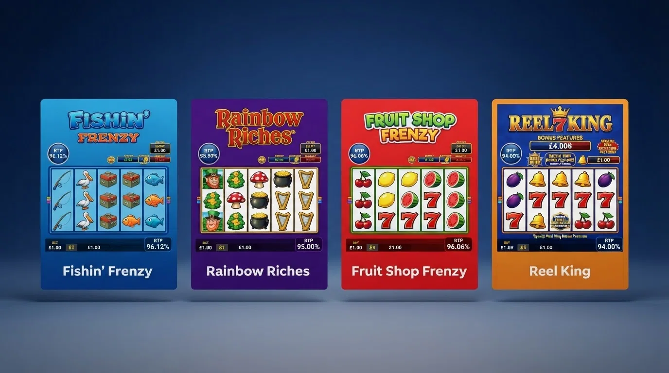 Four online fruit machine slot title cards arranged side by side — Fishin' Frenzy Rainbow Riches Fruit Shop Frenzy and Reel King — each showing its reel grid fruit symbols and RTP badge