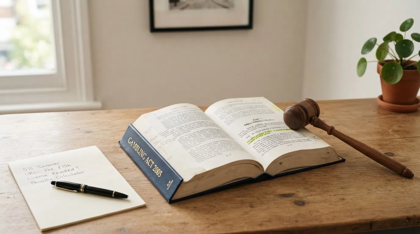 A close-up of the Gambling Act 2005 cover or a screen displaying Section 33 with key phrases highlighted, set beside a gavel on a wooden desk
