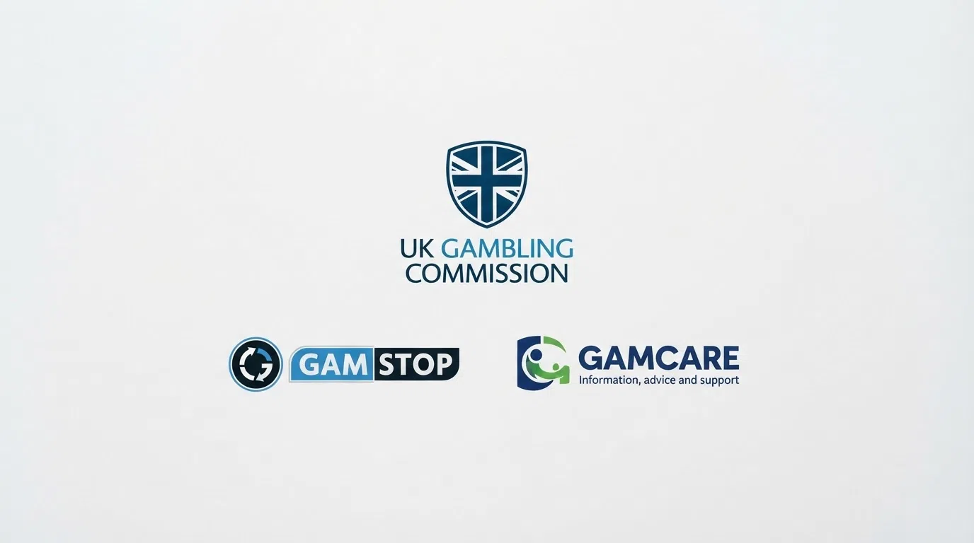 The UK Gambling Commission logo beside the GamStop and GamCare logos, arranged on a clean white background.