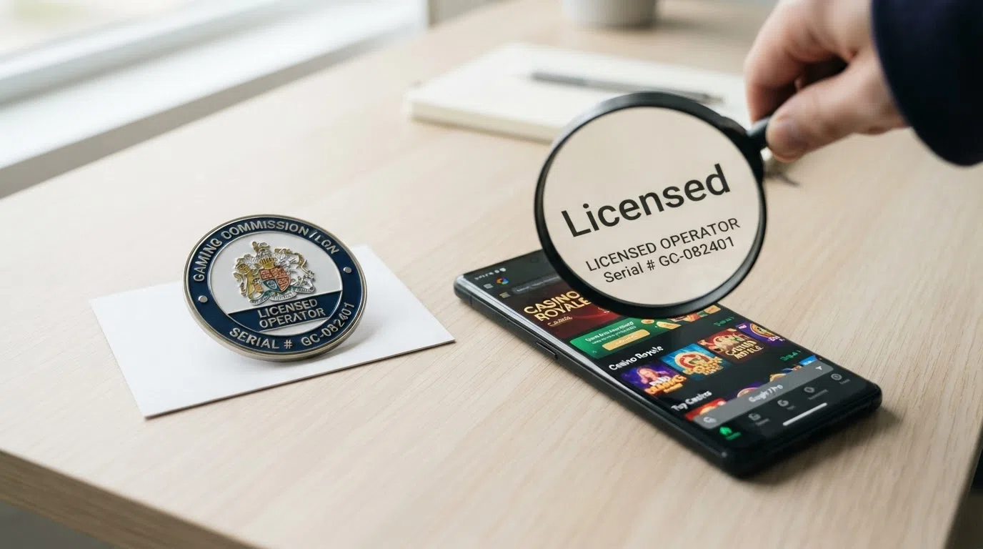 The UK Gambling Commission logo on a white background beside a smartphone showing a casino lobby with a magnifying glass over the word “Licensed”