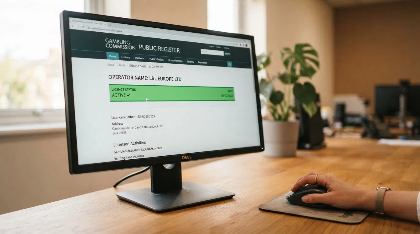 A close-up of a Gambling Commission public-register entry screen showing a licence status indicator and the words "Gambling Commission"