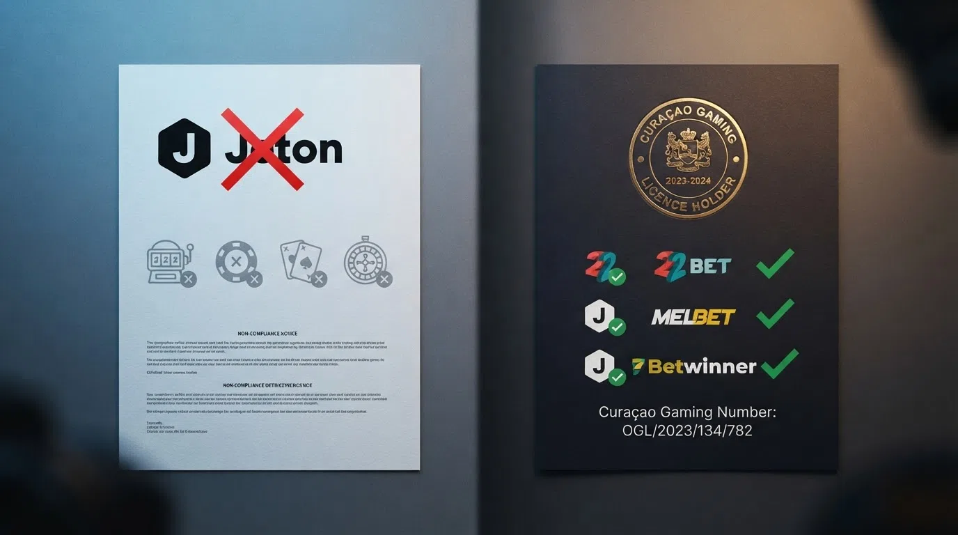 A split visual: on one side the UKGC logo with a crossed-out Jeton icon over a row of major UK casino brands, on the other a Curaçao licence seal with Jeton checkmarks beside three offshore operator names