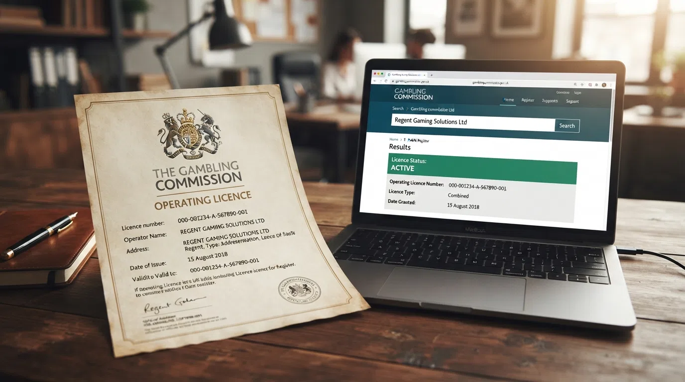A close-up of a Gambling Commission operating-licence certificate with the lion-and-unicorn crest, overlaid on a screenshot of the public register search interface at gamblingcommission.gov.uk