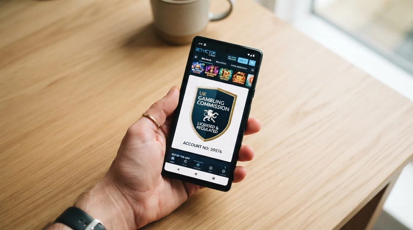 A close-up of a smartphone screen showing a UK Gambling Commission licence badge and responsible-gambling tool icons — deposit limit, reality check and session timer