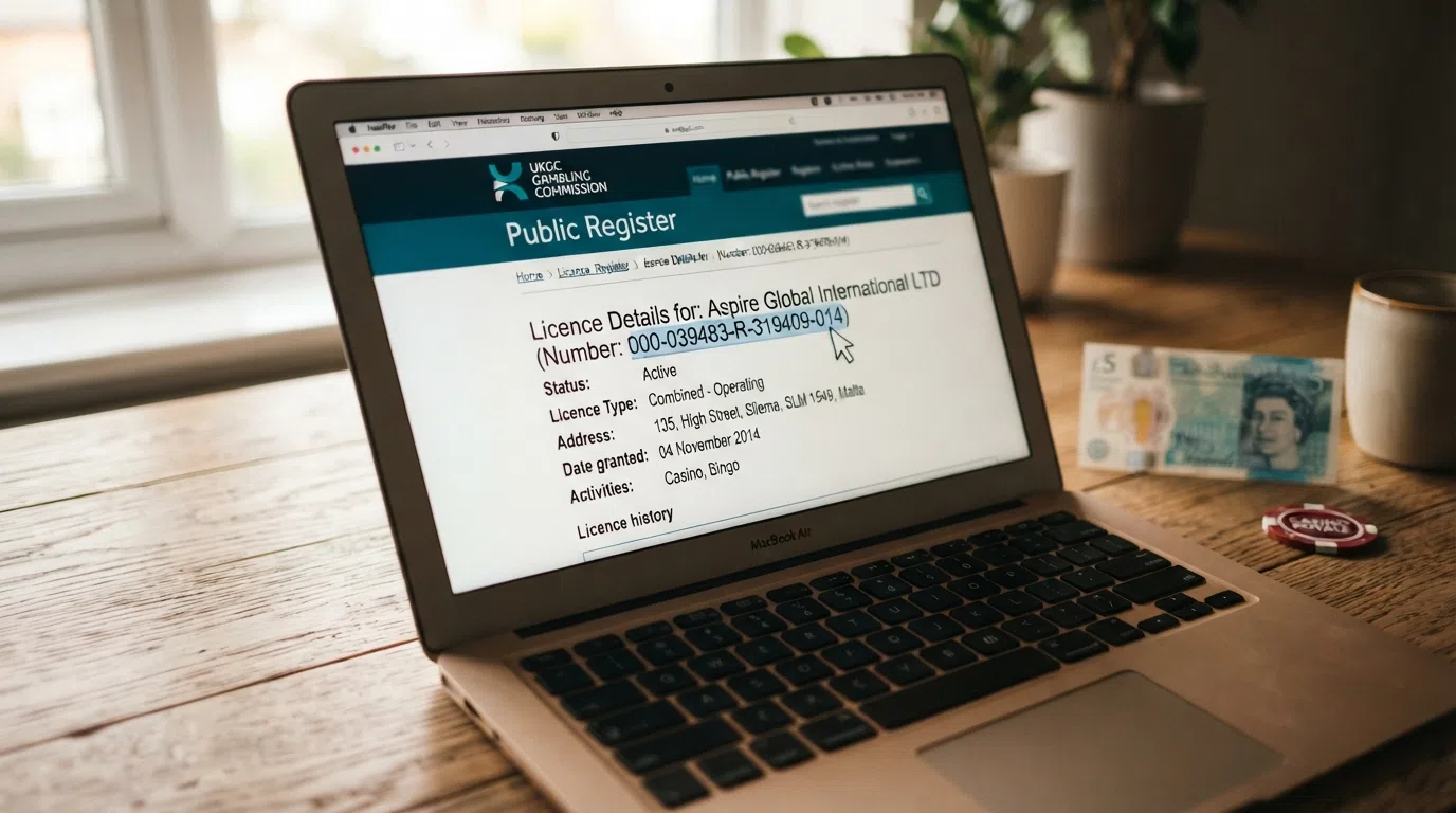 The UK Gambling Commission public register webpage displayed on a laptop screen, with a casino licence entry visible and a magnifying-glass cursor hovering over the operator name