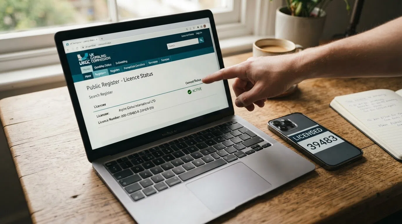 A UK Gambling Commission licence badge beside a smartphone displaying the UKGC public register search page, with a highlighted “active” licence status entry