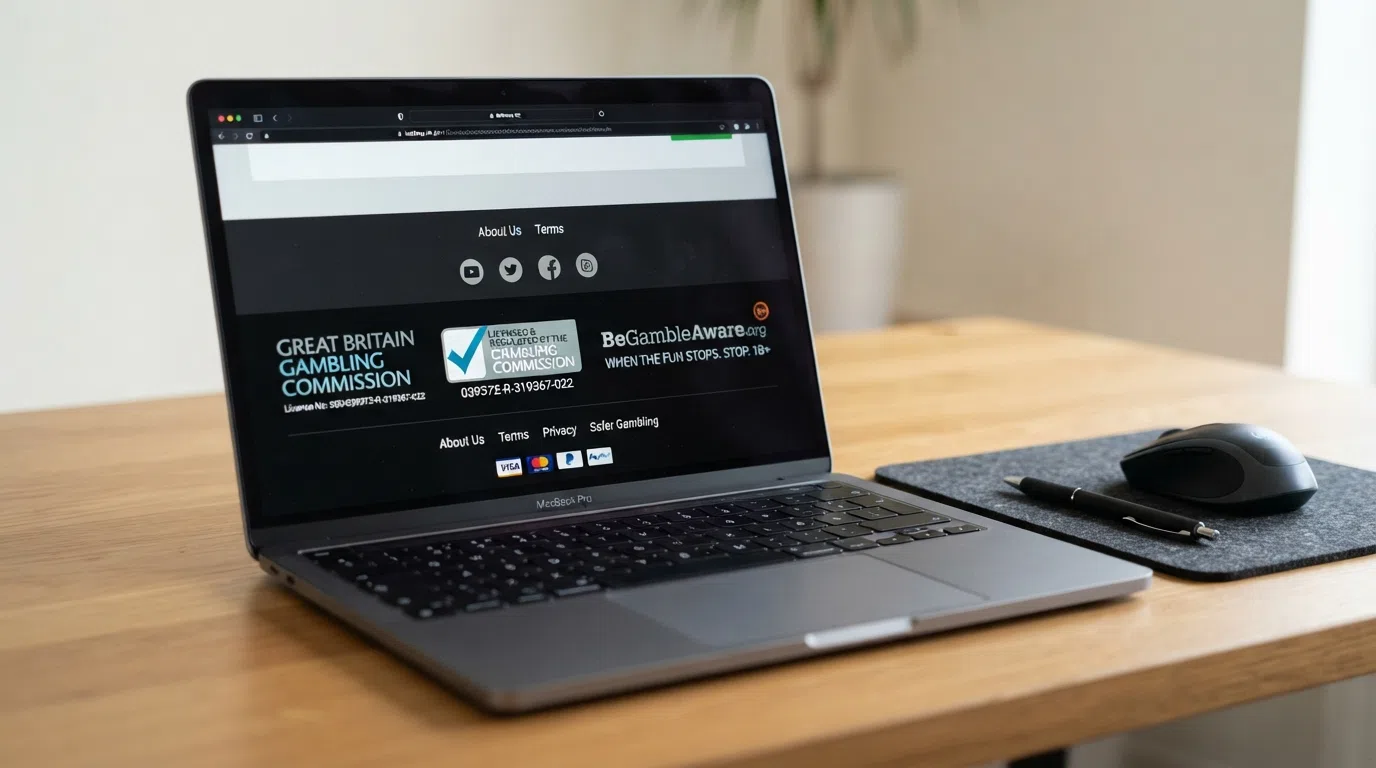 A UK-licensed casino website footer displaying the Gambling Commission logo, licence number and BeGambleAware badge