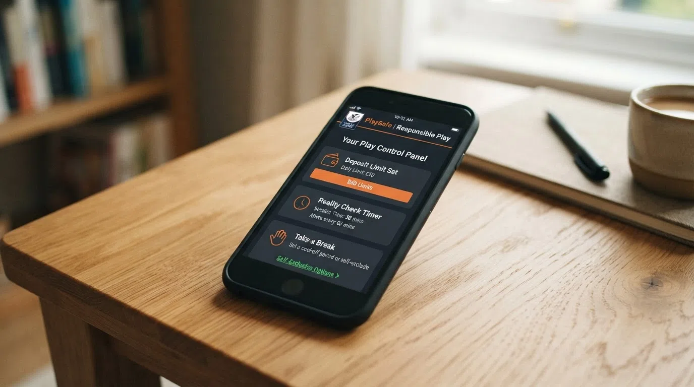 The UK Gambling Commission logo layered over a smartphone displaying responsible-gambling tools — deposit-limit prompt, reality-check timer and self-exclusion link