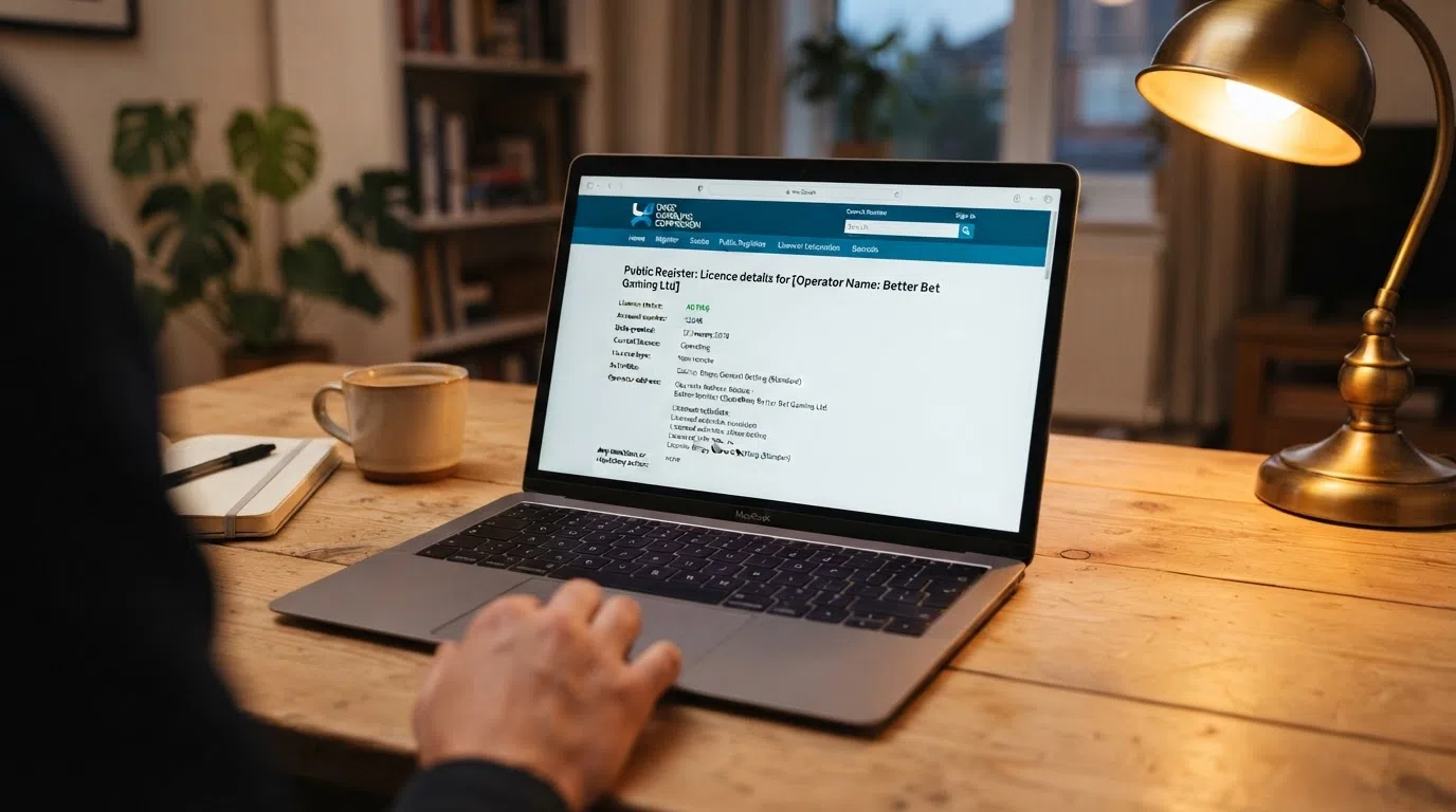 A screenshot of the UK Gambling Commission public register search page with a licence entry visible, showing the licence number, status, and category fields